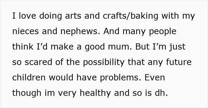Text expressing fear of future children having problems after spending time with autistic nieces and nephews.