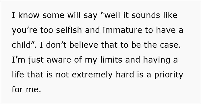 Text excerpt discussing awareness of personal limits influencing decision on becoming a mother after cousin’s autistic kids experience.