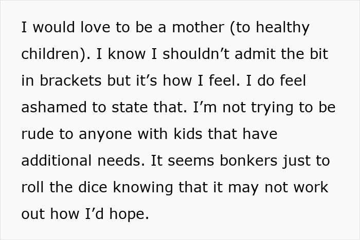 Text excerpt discussing a woman's reflection on motherhood and limits after knowing cousin’s autistic kids.