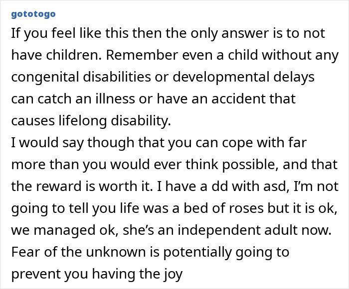 Text post discussing reconsideration of motherhood due to experience with cousin’s autistic kids and awareness of personal limits.