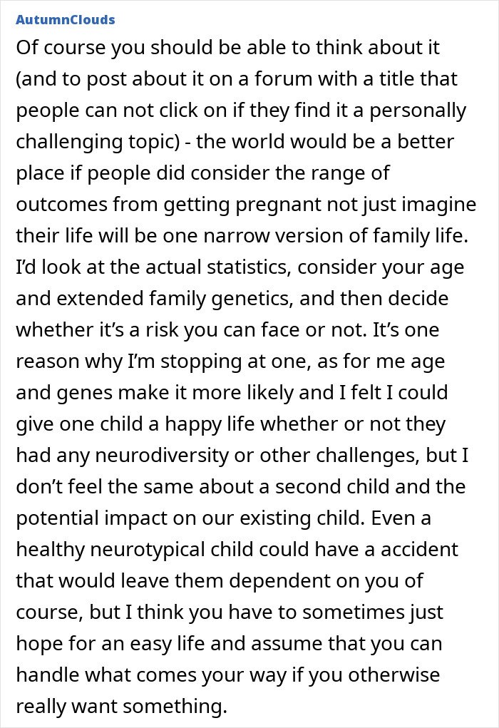 Forum post discussing how having autistic kids in the family influenced a woman’s decision about becoming a mother.