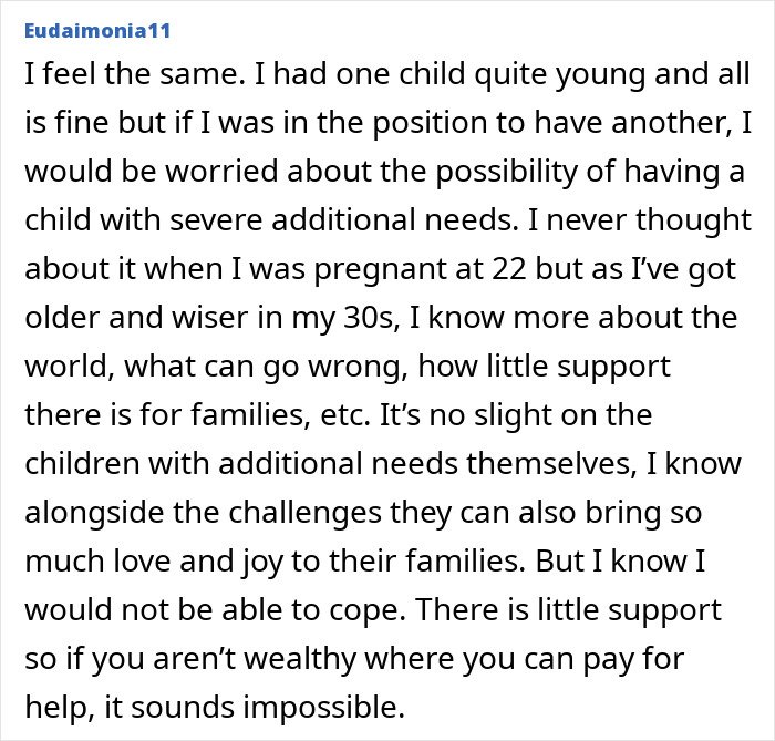 Comment discussing worries about having a child with severe additional needs and support for autistic kids.