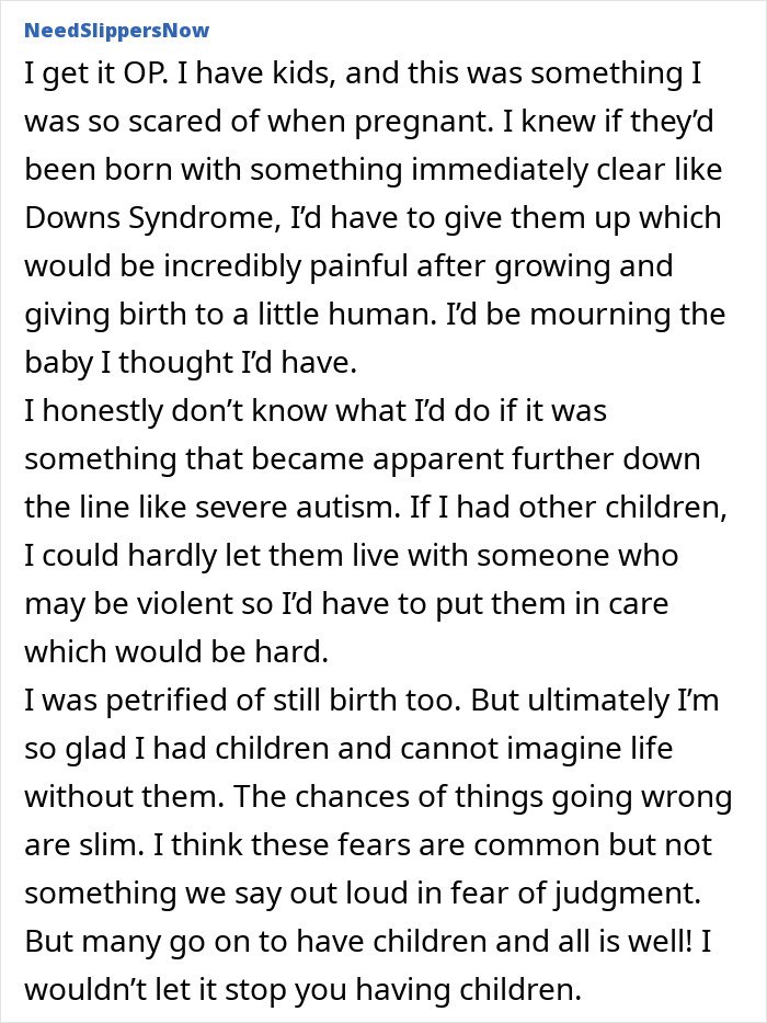 Commenter reflects on fears of pregnancy complications and how cousin’s autistic kids made her reconsider becoming a mother.