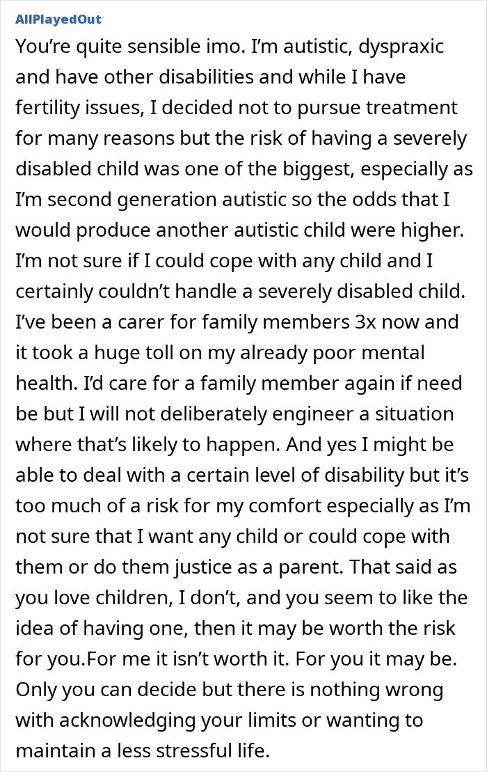 Commenter explains how autistic cousin’s kids influenced her decision on motherhood, considering limits and disabilities.