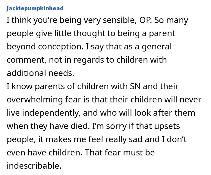 Comment discussing how cousin’s autistic kids influence a woman to reconsider motherhood due to awareness of limits.