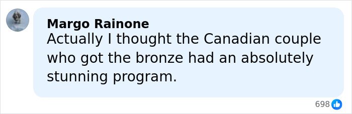 Comment by Margo Rainone discussing the Canadian couple's stunning program amid Olympics skating controversy.