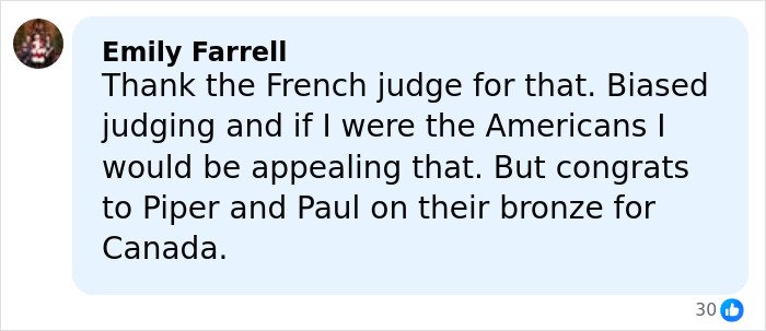 Comment praising Piper and Paul’s bronze, mentioning biased judging in French skater’s suspicious Olympic cheating scandal.