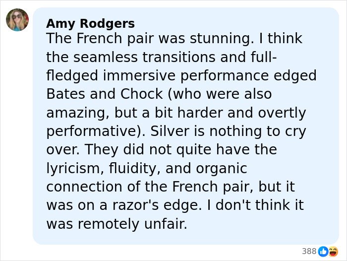 Comment praising the French pair's performance and addressing the Olympics cheating scandal involving a French skater.