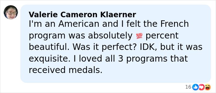 Commenter sharing positive opinion on French skater's performance amid Olympics cheating scandal discussion.