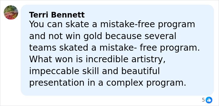 Facebook comment by Terri Bennett discussing artistry and skill in skating amid Olympics cheating scandal.