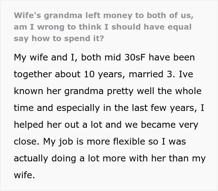 Text from a woman taking care of wife’s grandma, facing issues after receiving her will and inheritance.