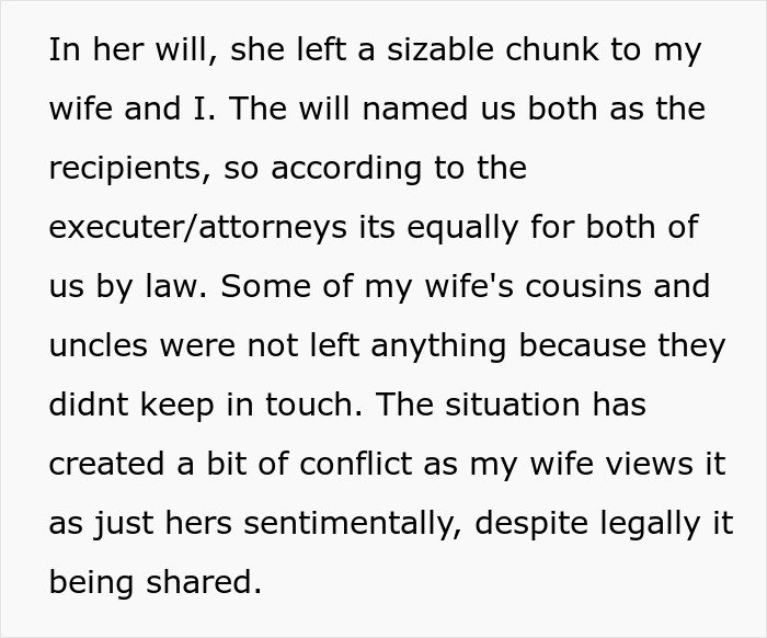 Text discussing a woman and her wife dealing with conflict after their grandma’s will is shared equally by law.