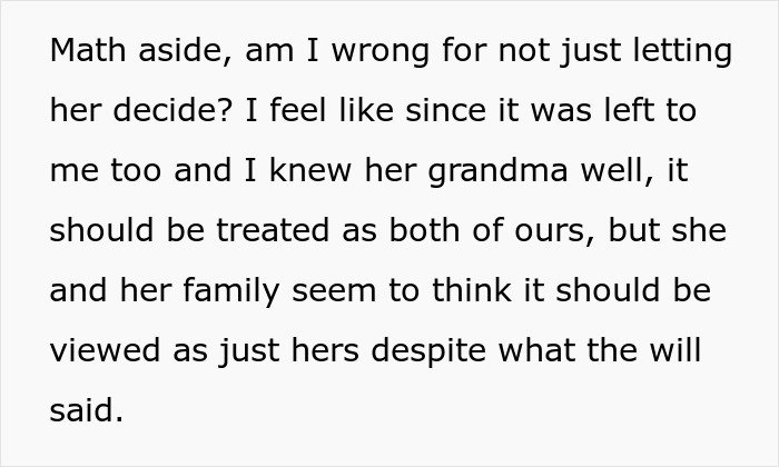 Text excerpt discussing a woman taking care of wife’s grandma and family conflict over the will’s interpretation.
