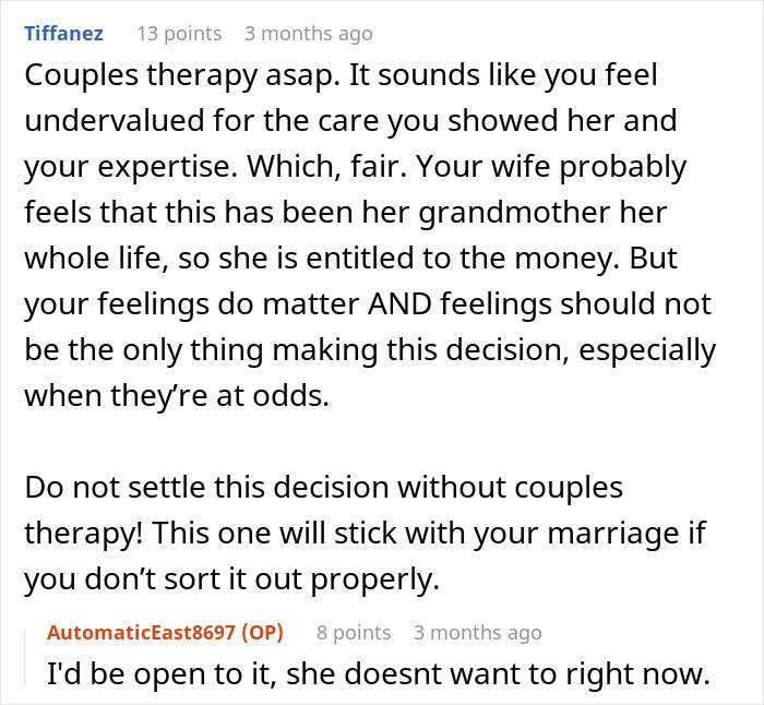Woman caring for wife's grandma, emotional family conflict arises after discovering her will's contents.