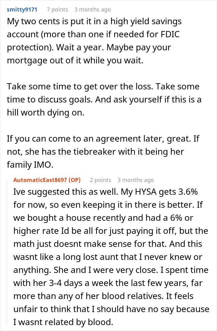 Comments discussing finances and emotions after woman takes care of wife's grandma and faces issues with her will.