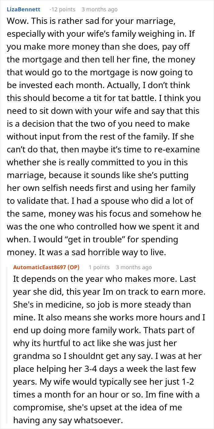 Comment discussion about woman caring for wife's grandma and conflicts arising after discovering the grandma’s will.
