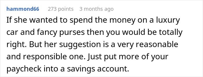 Comment discussing a reasonable suggestion about saving money instead of spending on luxury items in a relationship context.