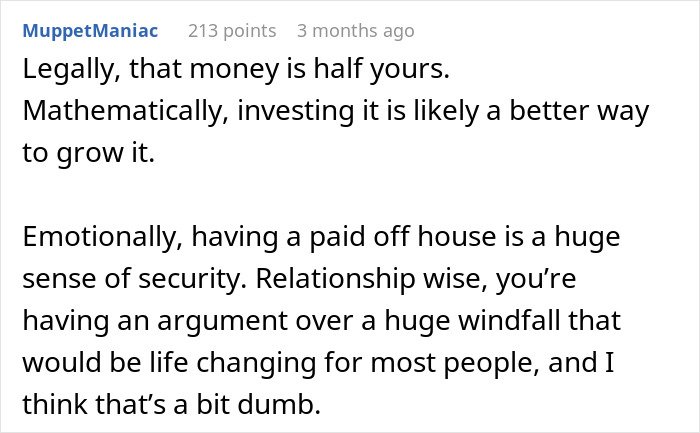 Text from a user discussing the emotional and financial impact of inheriting a house while managing family relationships and investments.