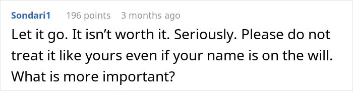 Comment text displayed on screen about not treating an inherited will as personal despite the name on it.