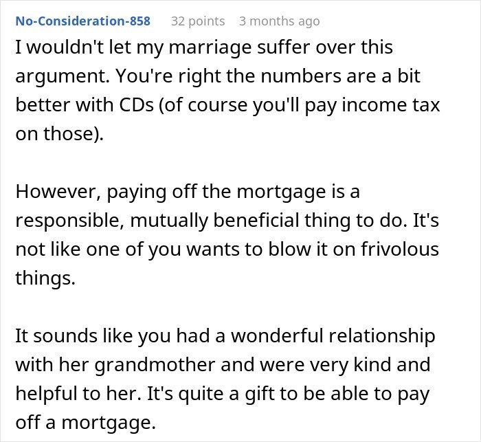 Comment discussing marriage, mortgage payoff, and caring for wife's grandmother in a financial and emotional context