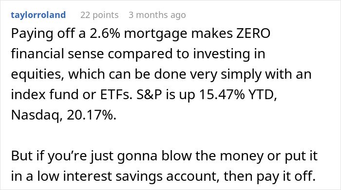 Text post discussing financial advice on paying off a mortgage versus investing in equities and savings options.