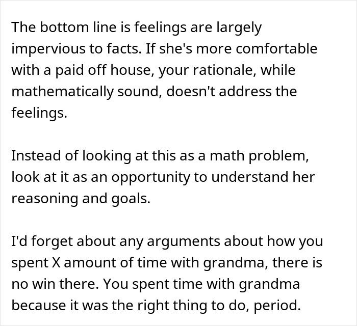 Text excerpt discussing feelings and reasoning about caring for wife's grandma and issues surrounding her will and care decisions.
