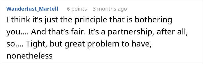 Comment discussing the challenges in a partnership and the principle behind it, expressing empathy and understanding.