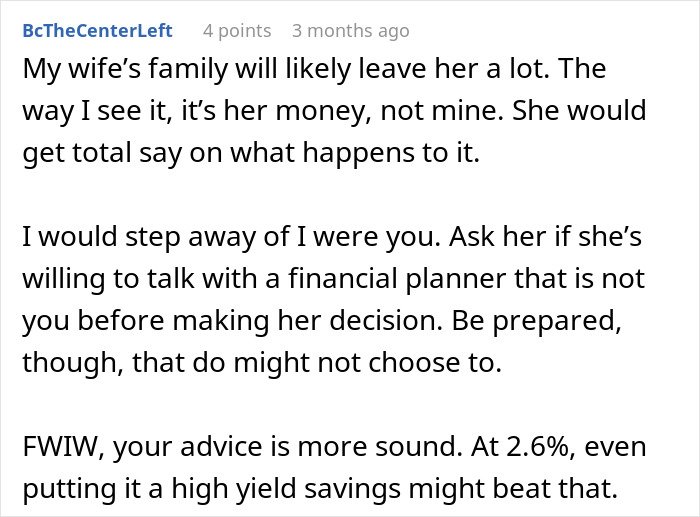 Comment discussing financial advice about wife’s family inheritance and planning after taking care of grandma’s will.