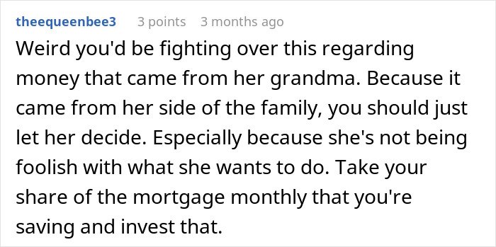 Comment discussing family conflict over inheritance after woman takes care of wife’s grandma and her will is revealed.