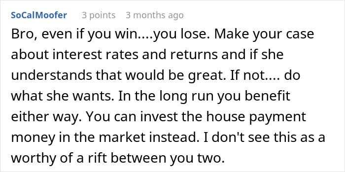 Alt text: A comment discussing interest rates and returns related to a woman taking care of wife's grandma and her will.