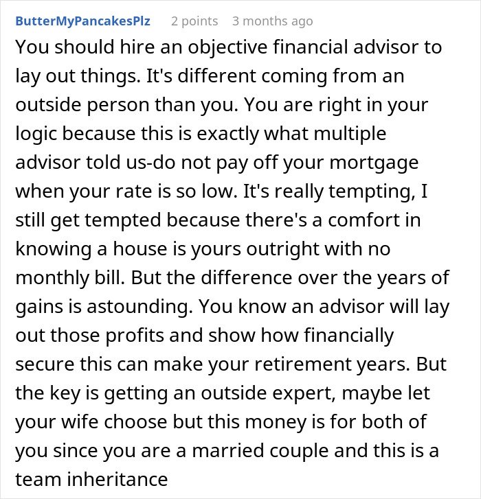 Comment discussing financial advice on mortgage and retirement gains from a married couple’s inheritance plan.