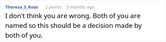 Screenshot of a comment discussing decision-making involving a woman caring for wife's grandma after the will is revealed.