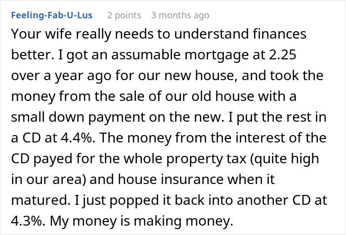 Text post discussing mortgage, property tax, and house insurance payments using CD interest for financial management.
