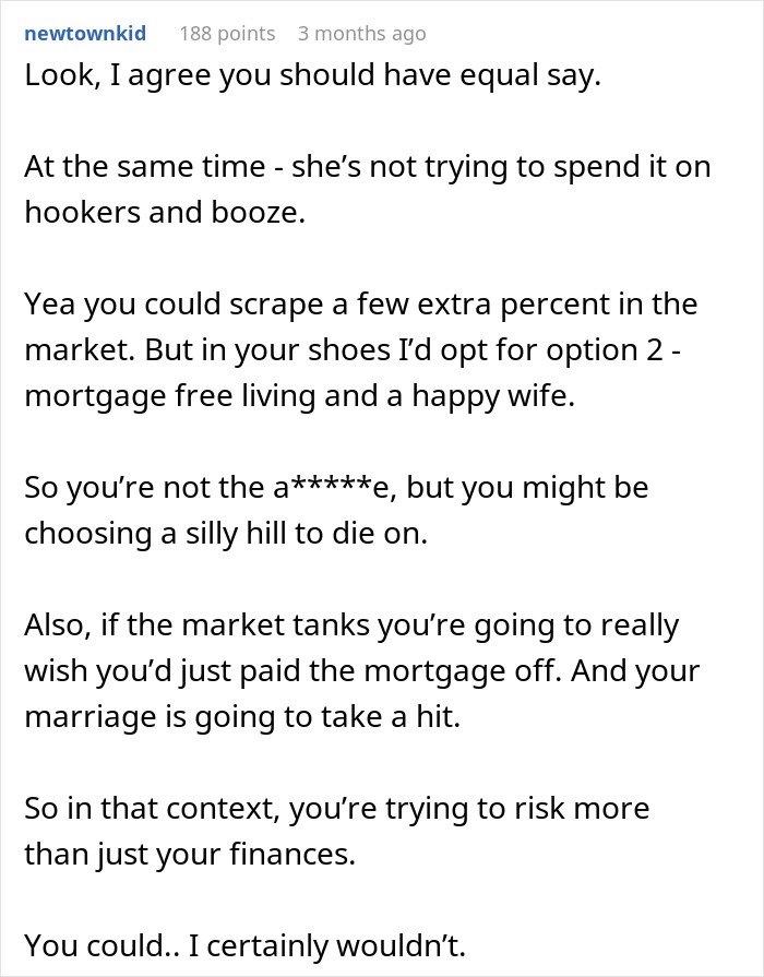 Text discussing mortgage choices and relationship impact after caring for wife's grandma and dealing with her will issues.