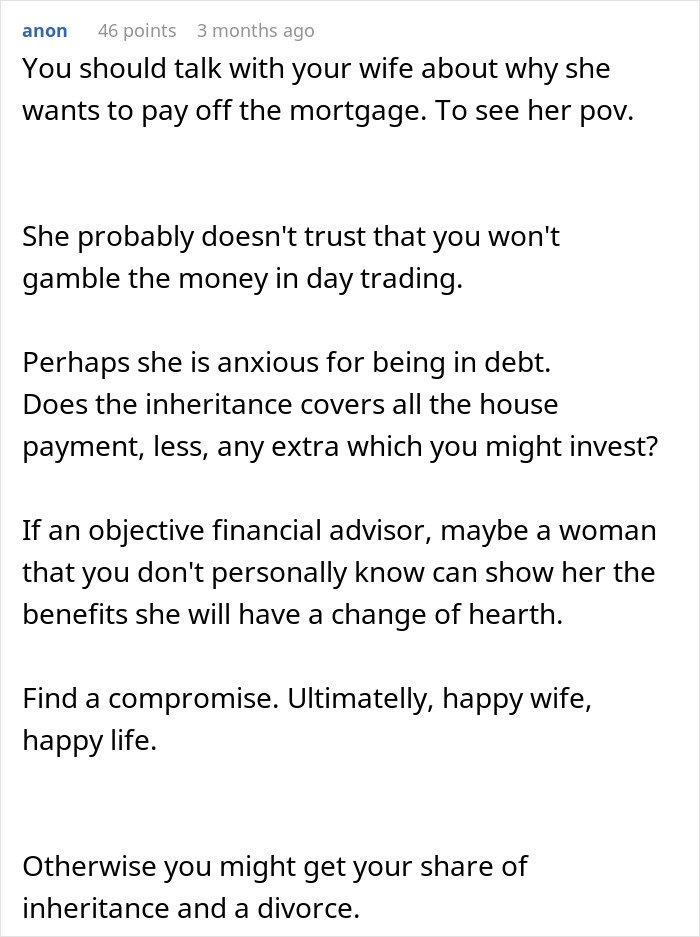 Comment discussing family financial concerns and inheritance issues involving woman taking care of wife's grandma.
