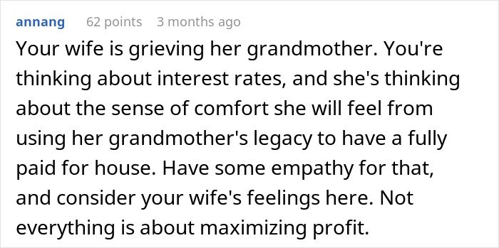 Comment discussing a wife grieving her grandmother while considering the impact of the grandmother’s legacy and will.