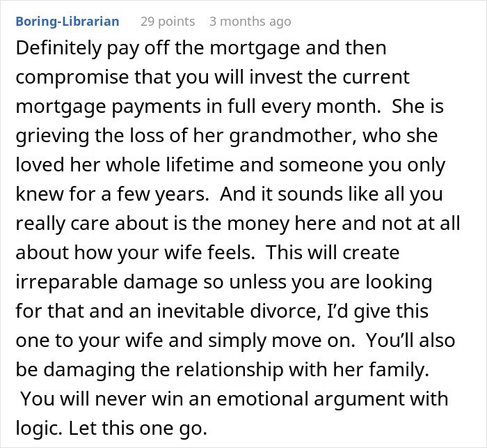 Comment discussing the emotional impact of caring for wife's grandma and issues arising after receiving her will.