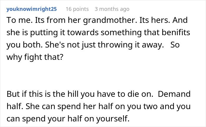 Comment discussing the wife's grandmother's will and the impact on the woman taking care of her.