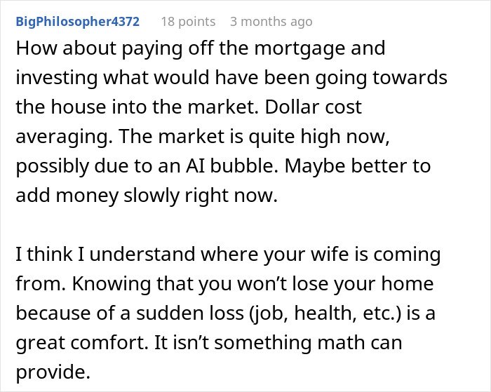 Comment discussing mortgage payoff and investing advice related to caring for wife’s grandma and handling her will.