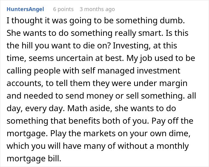 Commenter discussing investing and managing finances related to wife’s grandma and her will decision-making.