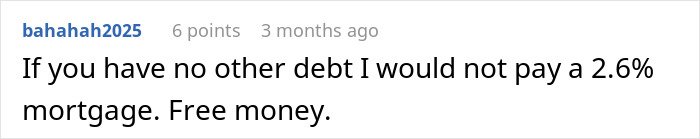 Screenshot of an online comment discussing mortgage advice with user bahahah2025 sharing financial tips.