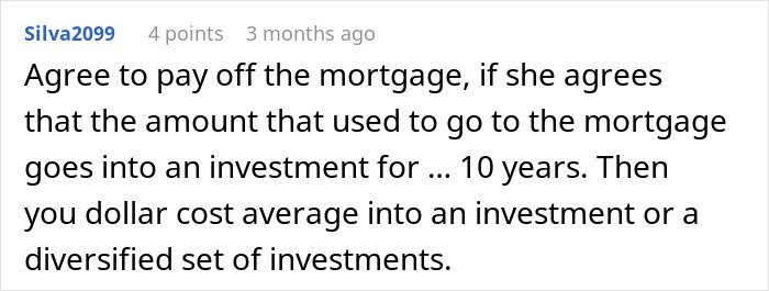 Text comment on a white background about paying off mortgage and investing, related to woman caring for wife's grandma and will issues.