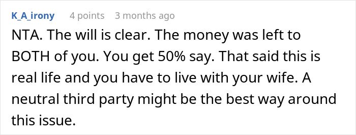 Comment discussing a will and inheritance dispute involving a woman caring for her wife's grandmother.