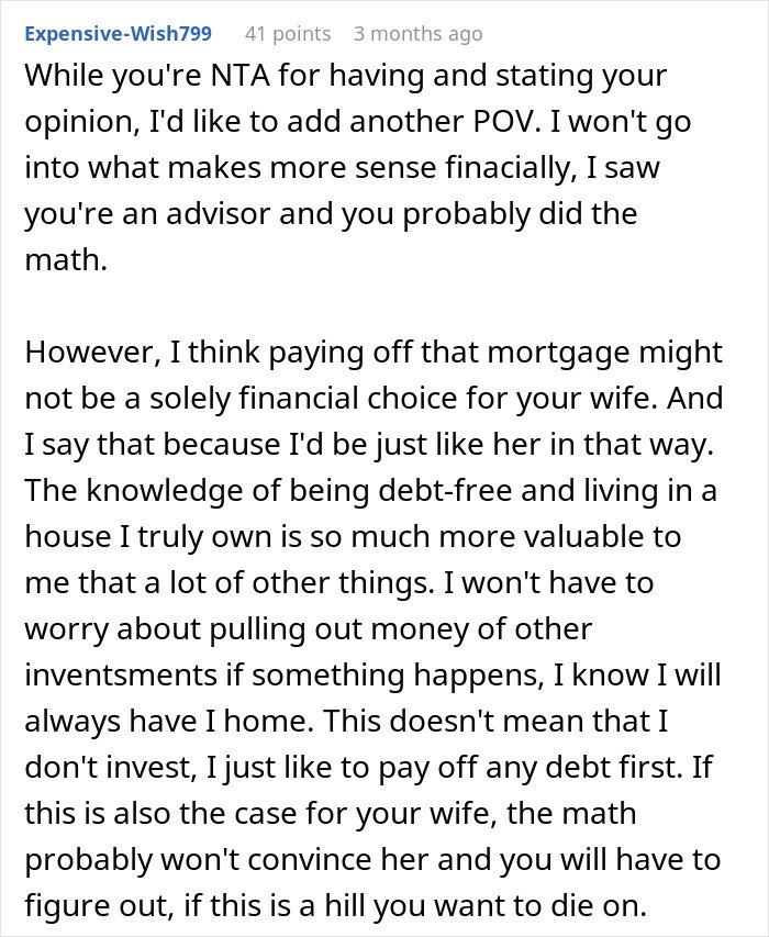 Comment discussing financial advice and emotional value of paying off a mortgage when caring for wife's grandma and dealing with her will.