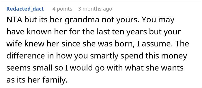 Screenshot of a Reddit comment discussing caring for wife's grandma and family decisions after receiving her will.