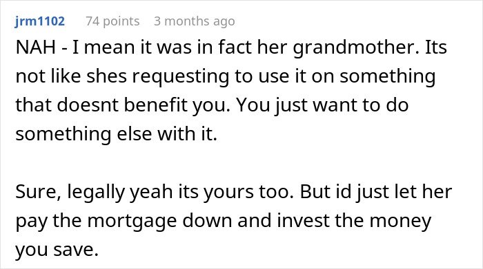 Comment discussing care for wife's grandmother and concerns about handling her will and finances responsibly.