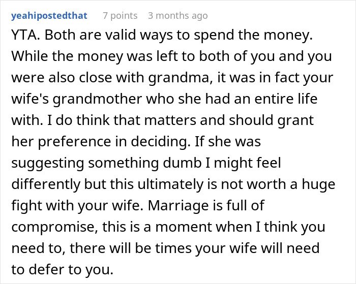 Comment discussing the wife’s grandmother, caregiving, and conflicts after they receive her will.