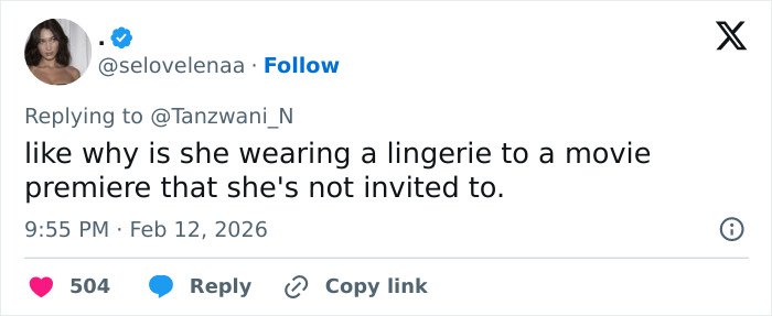 Tweet expressing backlash over wearing lingerie to a movie premiere Hailey Bieber attended uninvited.