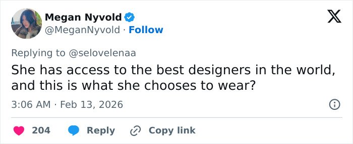 Tweet by Megan Nyvold reacting to Hailey Bieber wearing lingerie, questioning fashion choices and designer access.