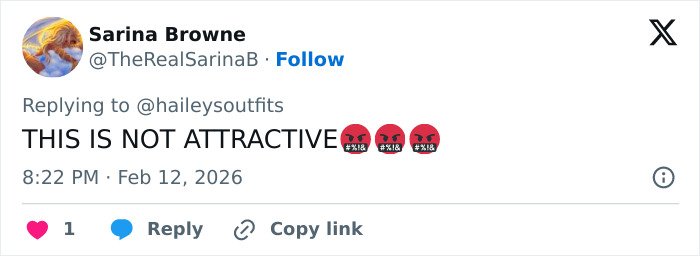Tweet criticizing Hailey Bieber's wearing lingerie outfit at the Wuthering Heights premiere, expressing strong disapproval.